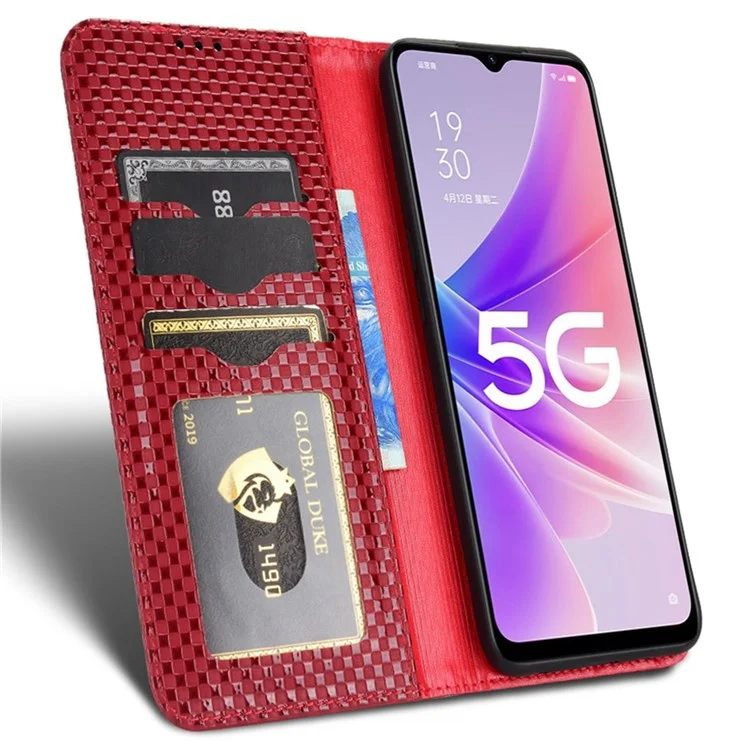 Para Oppo A57 (2022) 5G / A77 5G / Realme Narzo 50 5g / V23 5G Grid Textura PU Case de Billetera de Cuero Magnética Auto Absorbido Por la Portada Del Teléfono - Vino Rojo