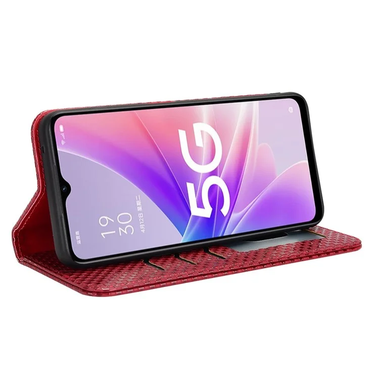 Para Oppo A57 (2022) 5G / A77 5G / Realme Narzo 50 5g / V23 5G Grid Textura PU Case de Billetera de Cuero Magnética Auto Absorbido Por la Portada Del Teléfono - Vino Rojo