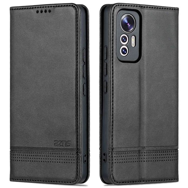 Azns Für Xiaomi 12 Lite 5G Magnetic Auto Closeure Brieftasche Telefonhülle PU Leder Viewing Ständer Flip Cover - Schwarz