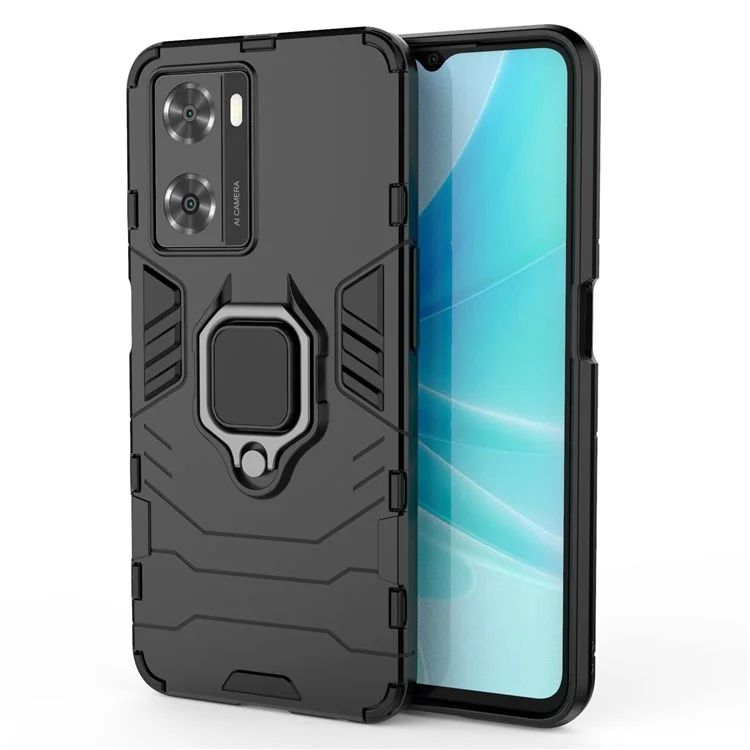 Custodia ibrida in TPU morbido + PC duro per Oppo A57 4G / A57s 4G, supporto ad anello ben protetto Custodia per telefono resistente agli urti - Nero