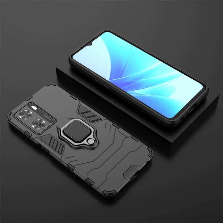Custodia ibrida in TPU morbido + PC duro per Oppo A57 4G / A57s 4G, supporto ad anello ben protetto Custodia per telefono resistente agli urti - Nero
