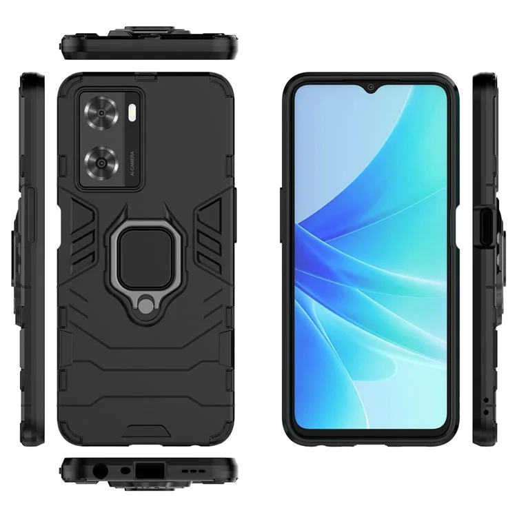 Custodia ibrida in TPU morbido + PC duro per Oppo A57 4G / A57s 4G, supporto ad anello ben protetto Custodia per telefono resistente agli urti - Nero