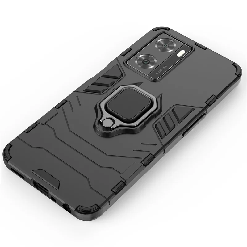 Soft TPU + Hard PC Hybrid Case for Oppo A57 4G / A57s 4G, Ring Kickstand Well-protected Shockproof Phone Shell - Blue