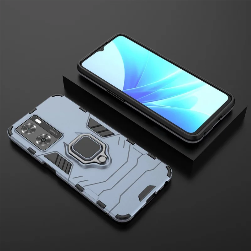 Soft TPU + Hard PC Hybrid Case for Oppo A57 4G / A57s 4G, Ring Kickstand Well-protected Shockproof Phone Shell - Blue