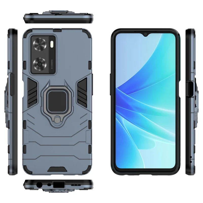 Soft TPU + Hard PC Hybrid Case for Oppo A57 4G / A57s 4G, Ring Kickstand Well-protected Shockproof Phone Shell - Blue