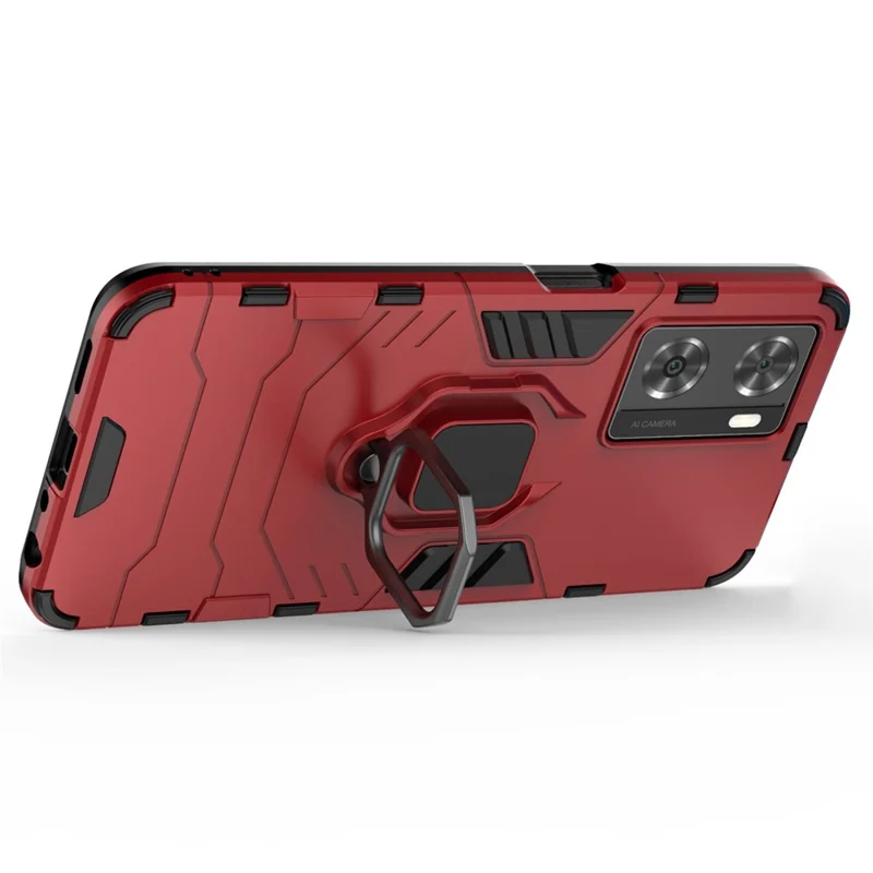 Soft TPU + Hard PC Hybrid Case for Oppo A57 4G / A57s 4G, Ring Kickstand Well-protected Shockproof Phone Shell - Red