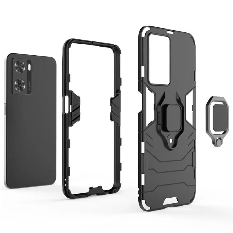 Soft TPU + Hard PC Hybrid Case for Oppo A57 4G / A57s 4G, Ring Kickstand Well-protected Shockproof Phone Shell - Red