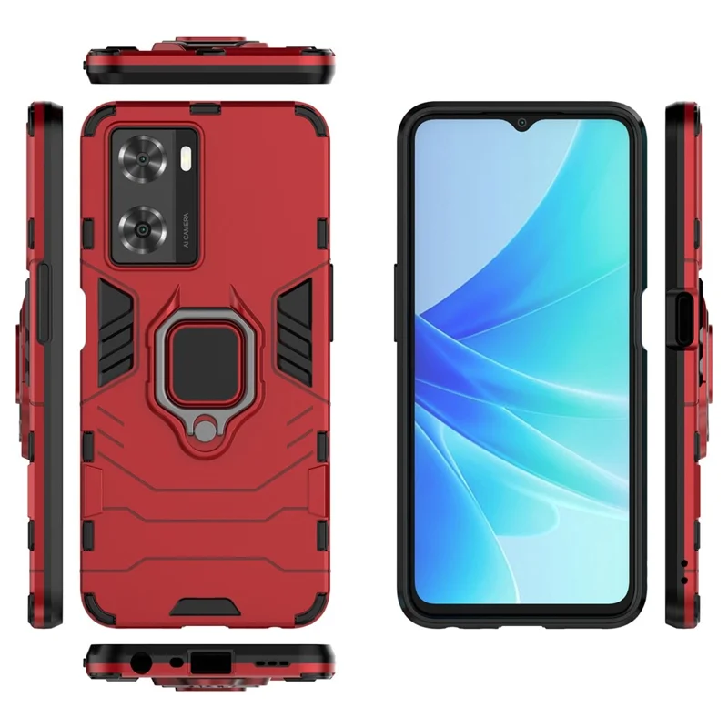 Soft TPU + Hard PC Hybrid Case for Oppo A57 4G / A57s 4G, Ring Kickstand Well-protected Shockproof Phone Shell - Red