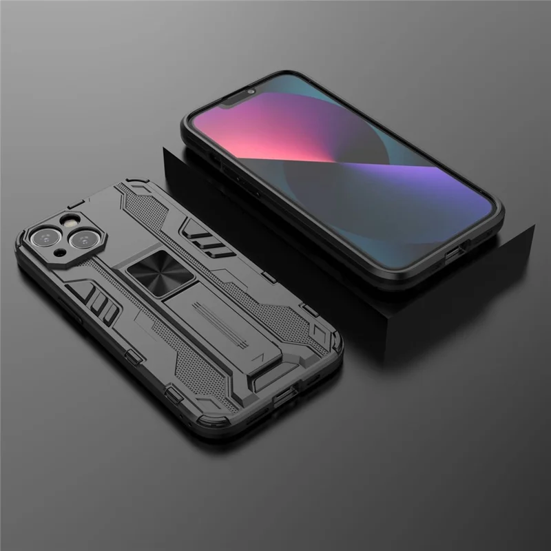 Для iPhone 14 Plus 6.7 дюйма Защитный жесткий ПК + мягкий ТПУ чехол для сотового телефона с защитой камеры и подставкой - черный