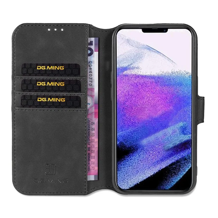 DG.MING Für iPhone 14 Pro Max 6,7 Zoll Retro-Stil Magnetverschluss stoßfeste PU-Leder Wallet Phone Case mit Ständer - Schwarz
