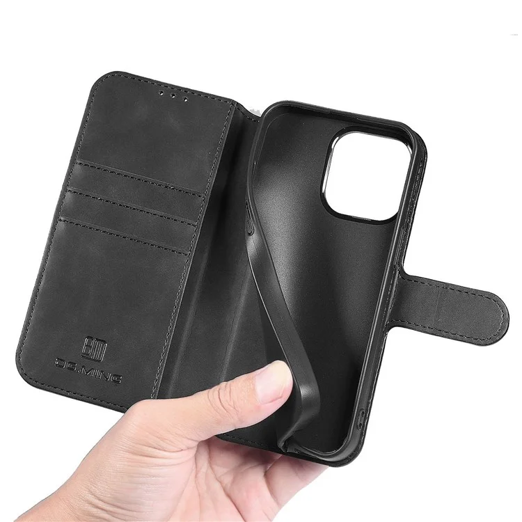 DG.MING Für iPhone 14 Pro Max 6,7 Zoll Retro-Stil Magnetverschluss stoßfeste PU-Leder Wallet Phone Case mit Ständer - Schwarz