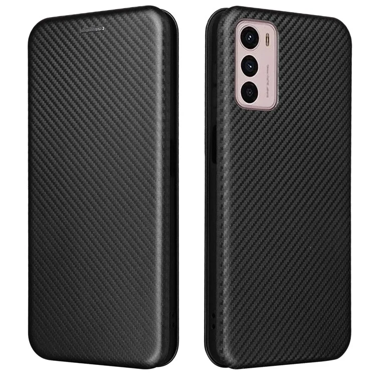 Para Motorola Moto G42 4G PU Cuero Textura de Fibra de Carbono Case de Teléfonos Inteligentes Magnética Autorética Soporte de Soporte Función de Tarjetas Función de Teléfono - Negro