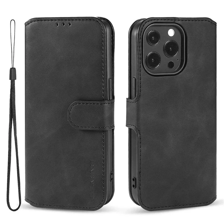 DG.MING Retro Cell Phone Shell Bag for iPhone 14 Pro 6.1 inch, Magnetic Closure Dustproof PU Leather Wallet Phone Stand Case - Black