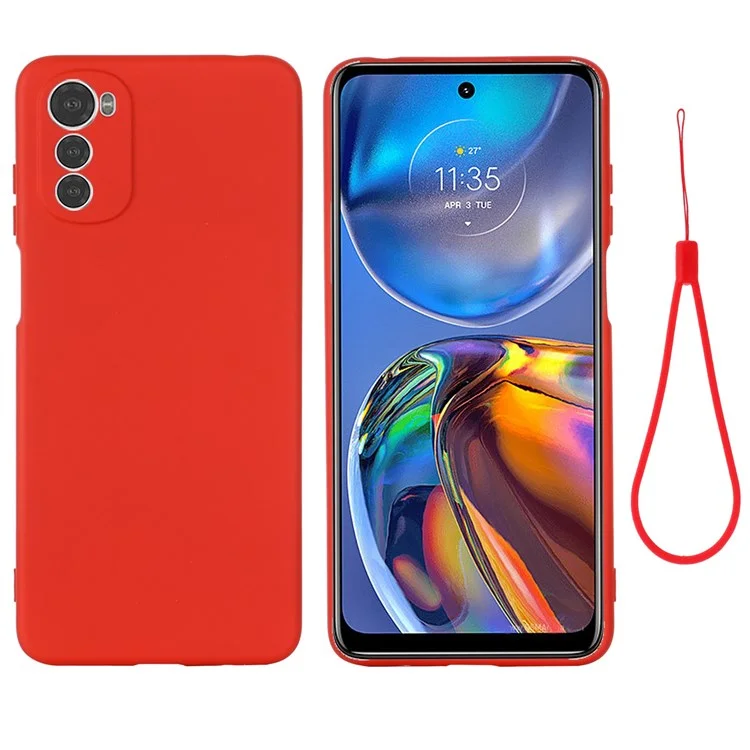 For Motorola Moto E32 4G Liquid Silicone Phone Case Soft Microfiber Lining Camera Protection Cover with Strap - Red