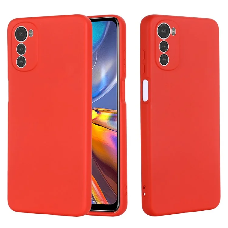 Pour Motorola Moto E32 4G Liquid Silicone Phone Case Soft Microfiber Lining Camera Protection Cover with Strap - Rouge