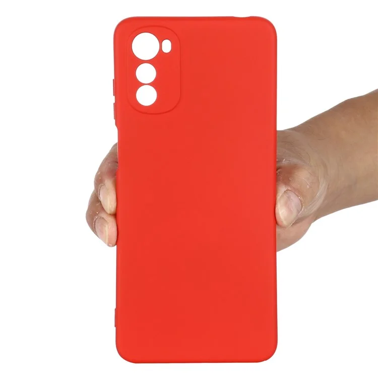 For Motorola Moto E32 4G Liquid Silicone Phone Case Soft Microfiber Lining Camera Protection Cover with Strap - Red