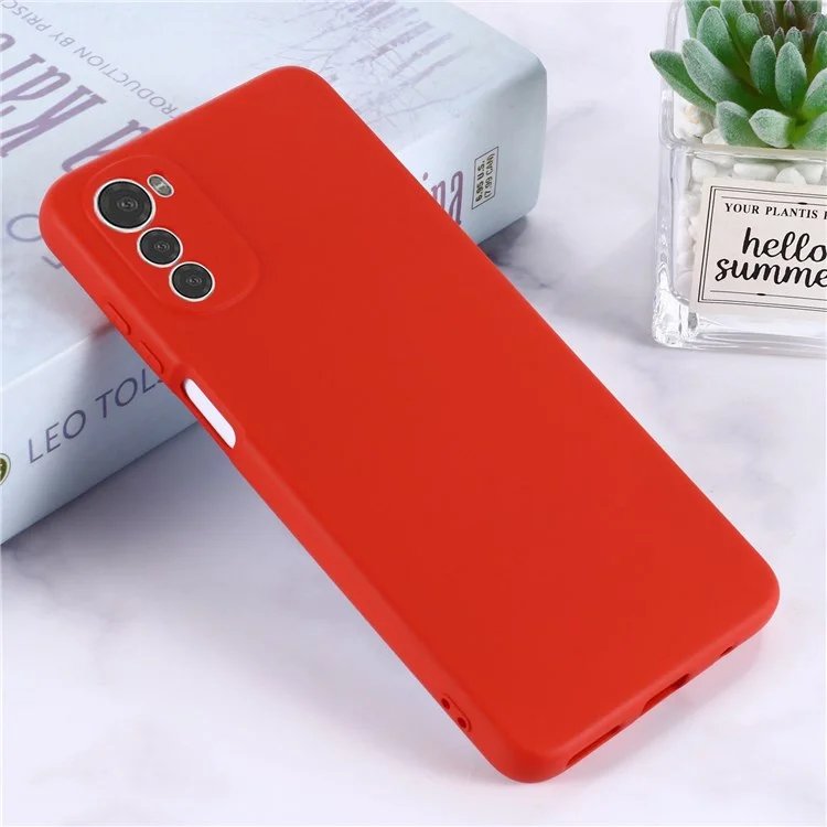 For Motorola Moto E32 4G Liquid Silicone Phone Case Soft Microfiber Lining Camera Protection Cover with Strap - Red