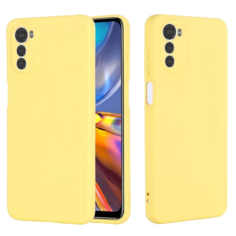 For Motorola Moto E32 4G Liquid Silicone Phone Case Soft Microfiber Lining Camera Protection Cover with Strap - Yellow