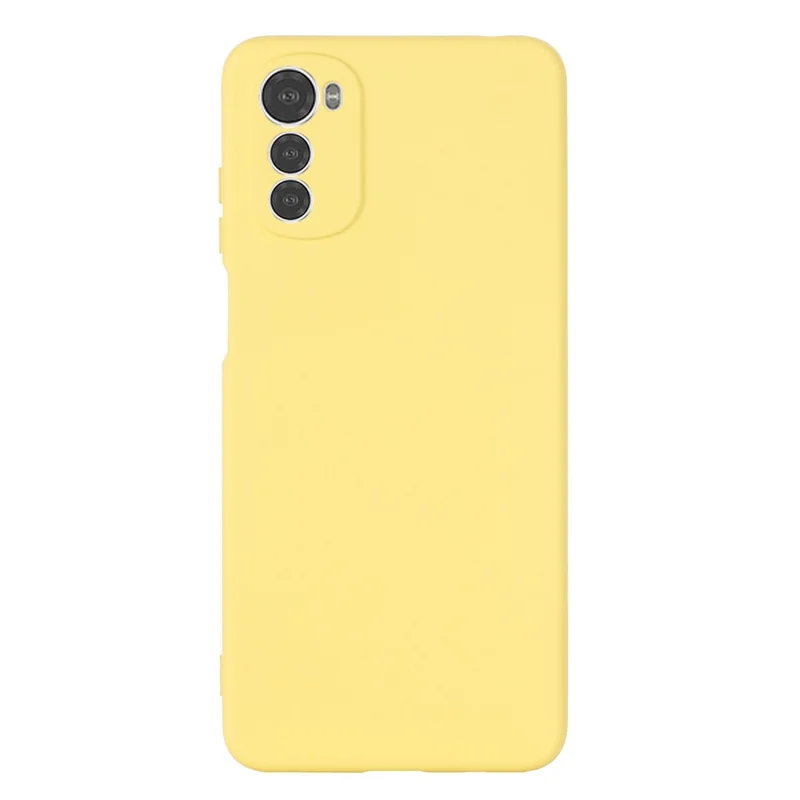 For Motorola Moto E32 4G Liquid Silicone Phone Case Soft Microfiber Lining Camera Protection Cover with Strap - Yellow
