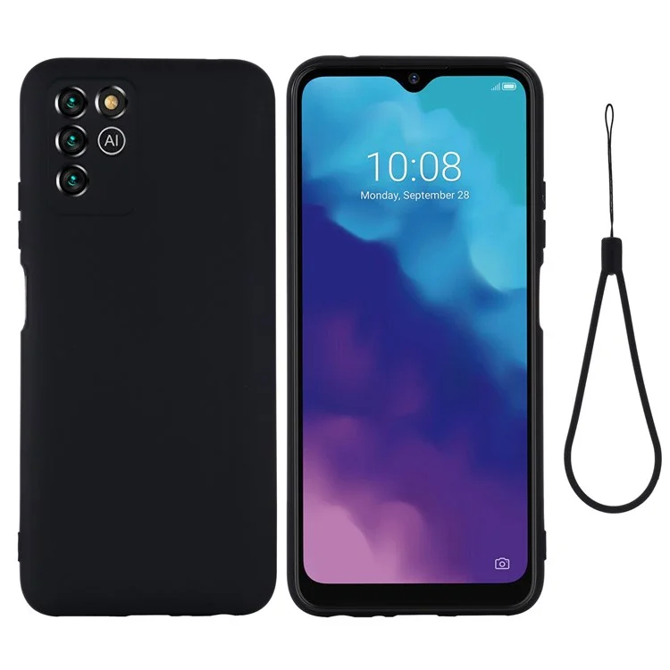 For ZTE Blade V30 Vita Silky Touch Liquid Silicone Case Soft Microfiber Lining Anti-Shock Cover with Strap - Black