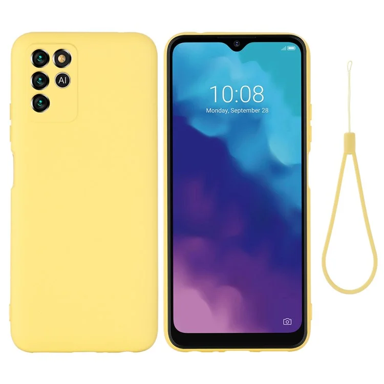 Para ZTE Blade V30 Vita Silky Touch Liquid Silicone Case Soft Microfiber Lining Anti-Shock Cover with Strap - Amarillo
