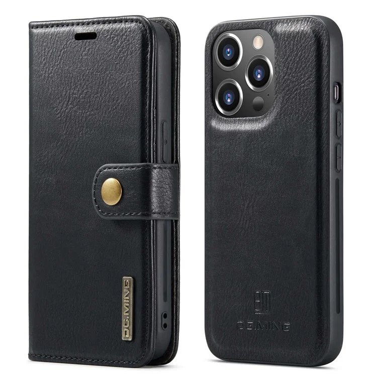 DG.MING Pour iPhone 14 Pro Max 6,7 pouces Étui portefeuille magnétique détachable Étui en cuir fendu avec support Flip Phone Cover - Noir