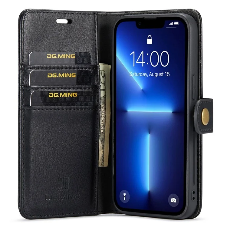 DG.MING For iPhone 14 Pro Max 6.7 inch Wallet Magnetic Detachable Case Split Leather Stand Flip Phone Cover - Black