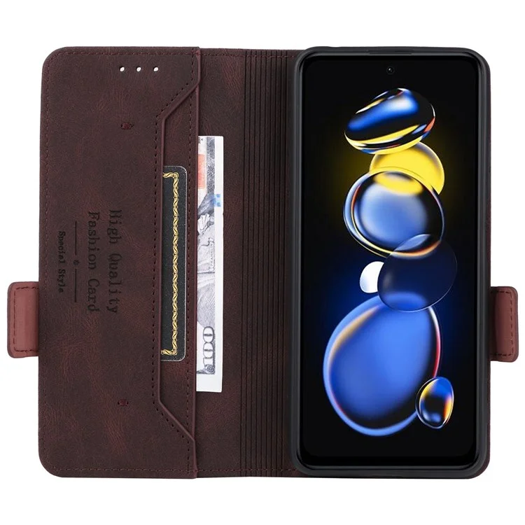 For Xiaomi Redmi Note 11T Pro 5G / Note 11T Pro+ 5G / Poco X4 GT 5G / Redmi K50i 5G Hardware Decor Phone Stand Wallet Case Double Magnetic Clasps PU Leather Cover - Coffee
