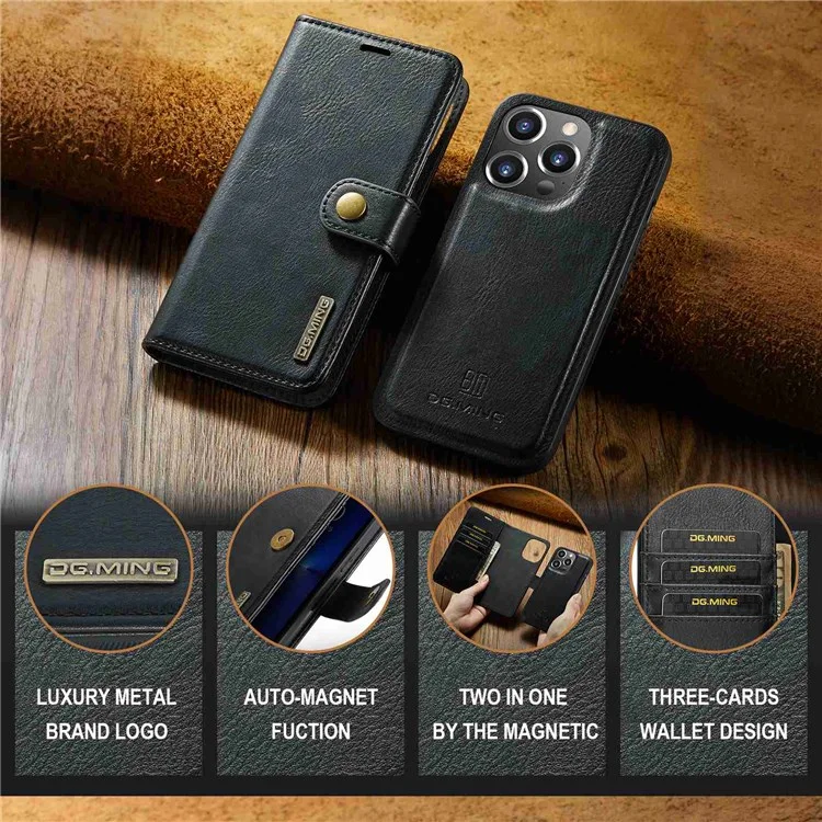 DG.MING для iPhone 14 Pro 6.1 дюйма 2-в-1 съемная крышка Магнитное поглощение Стенд Flip Folio Split Leather Wallet Case - Черный