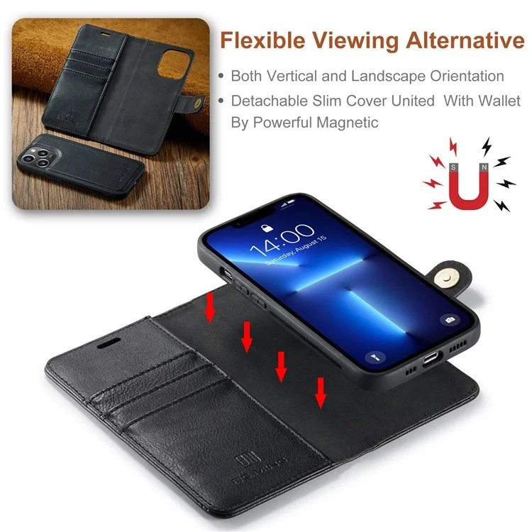 DG.MING для iPhone 14 Pro 6.1 дюйма 2-в-1 съемная крышка Магнитное поглощение Стенд Flip Folio Split Leather Wallet Case - Черный