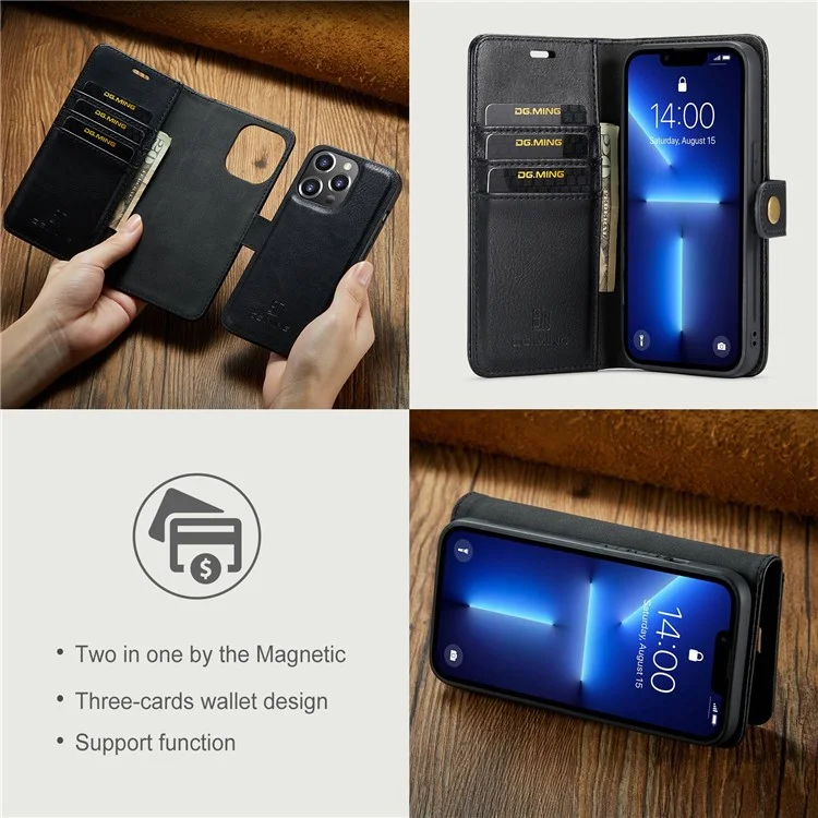 DG.MING для iPhone 14 Pro 6.1 дюйма 2-в-1 съемная крышка Магнитное поглощение Стенд Flip Folio Split Leather Wallet Case - Черный