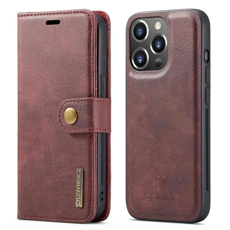 DG.MING Pour iPhone 14 Pro 6.1 pouces Étui rabattable magnétique amovible 2 en 1 - Rouge