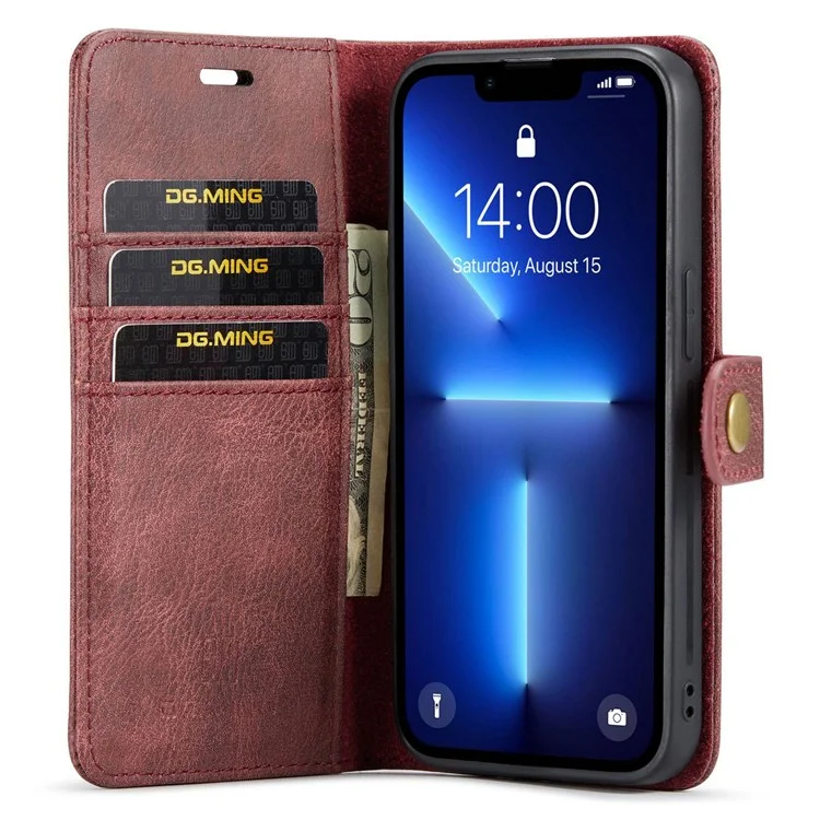 DG.MING Pour iPhone 14 Pro 6.1 pouces Étui rabattable magnétique amovible 2 en 1 - Rouge