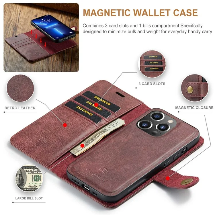 DG.MING Pour iPhone 14 Pro 6.1 pouces Étui rabattable magnétique amovible 2 en 1 - Rouge