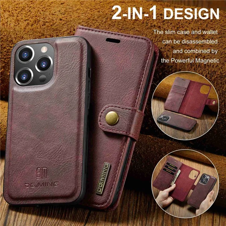 DG.MING Pour iPhone 14 Pro 6.1 pouces Étui rabattable magnétique amovible 2 en 1 - Rouge