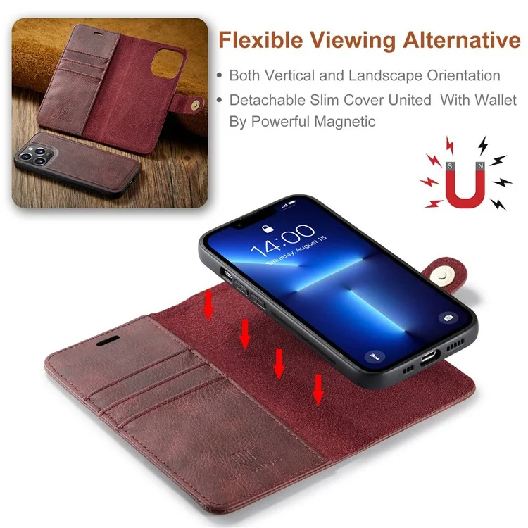 DG.MING Pour iPhone 14 Pro 6.1 pouces Étui rabattable magnétique amovible 2 en 1 - Rouge
