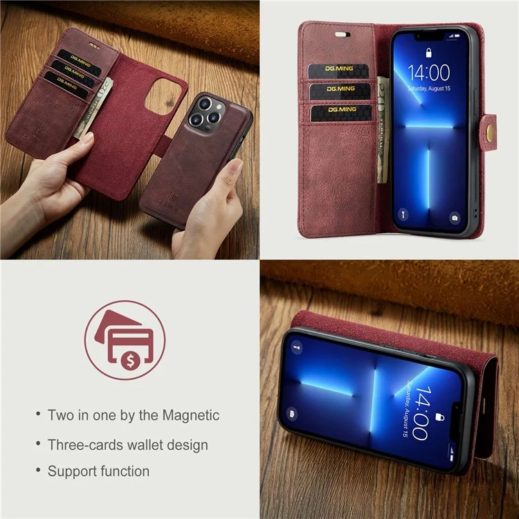 DG.MING Pour iPhone 14 Pro 6.1 pouces Étui rabattable magnétique amovible 2 en 1 - Rouge