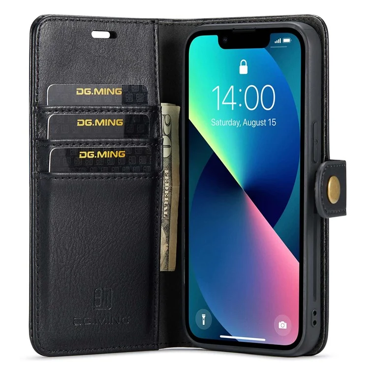 DG.MING For iPhone 14 Plus 6.7 inch Split Leather Magnetic Detachable Flip Case Stand Feature Purse Protection Wallet Cover - Black