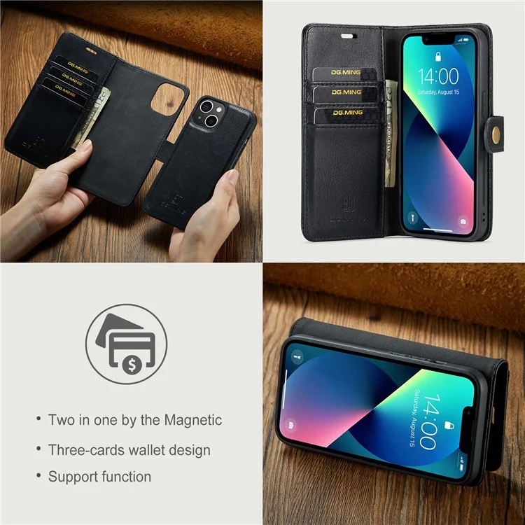 DG.MING для iPhone 14 Plus 6,7 дюйма Раздельная кожаная магнитная съемная флип-кейс Подставка Функция Кошелек Защитная крышка - Черный