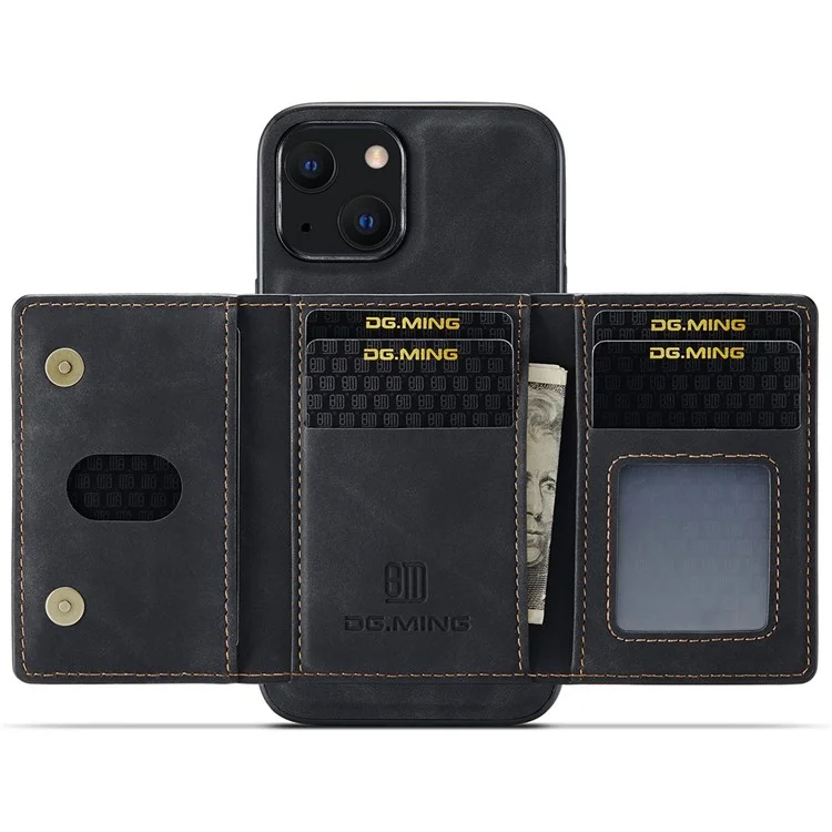 DG.MING Série M2 pour iPhone 14 6,1 pouce Boîtier de téléphone avec support magnétique anti-choc et portefeuille amovible - Noir 