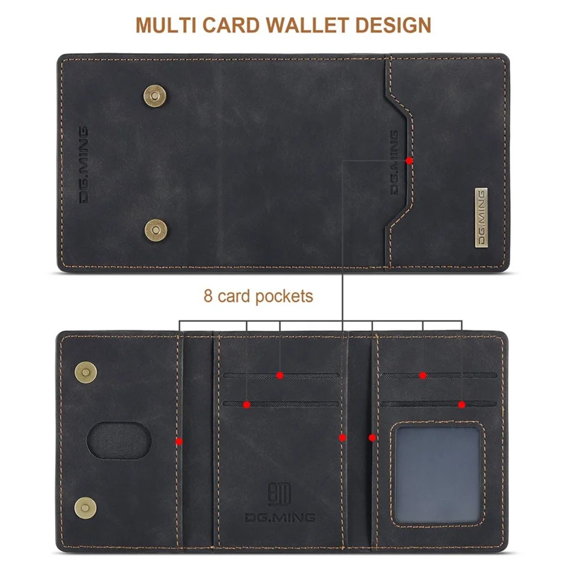 DG.MING M2-serie til iPhone 14 Pro 6,1 tommer, kradssikker magnetisk standerdesign til mobiltelefonbeskytning med aftagelig wallet - Sort