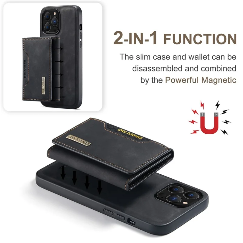 DG.MING M2-serie til iPhone 14 Pro 6,1 tommer, kradssikker magnetisk standerdesign til mobiltelefonbeskytning med aftagelig wallet - Sort