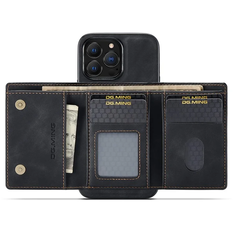 DG.MING Série M1 Pour iPhone 14 Pro Max 6,7 pouces Anti-choc Magnétique Amovible 2-en-1 Portefeuille PC+TPU+PU Cuir Résistant à l'Usure Étui de Téléphone - Noir 