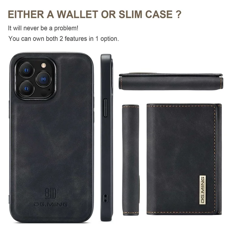 DG.MING Série M1 Pour iPhone 14 Pro Max 6,7 pouces Anti-choc Magnétique Amovible 2-en-1 Portefeuille PC+TPU+PU Cuir Résistant à l'Usure Étui de Téléphone - Noir 