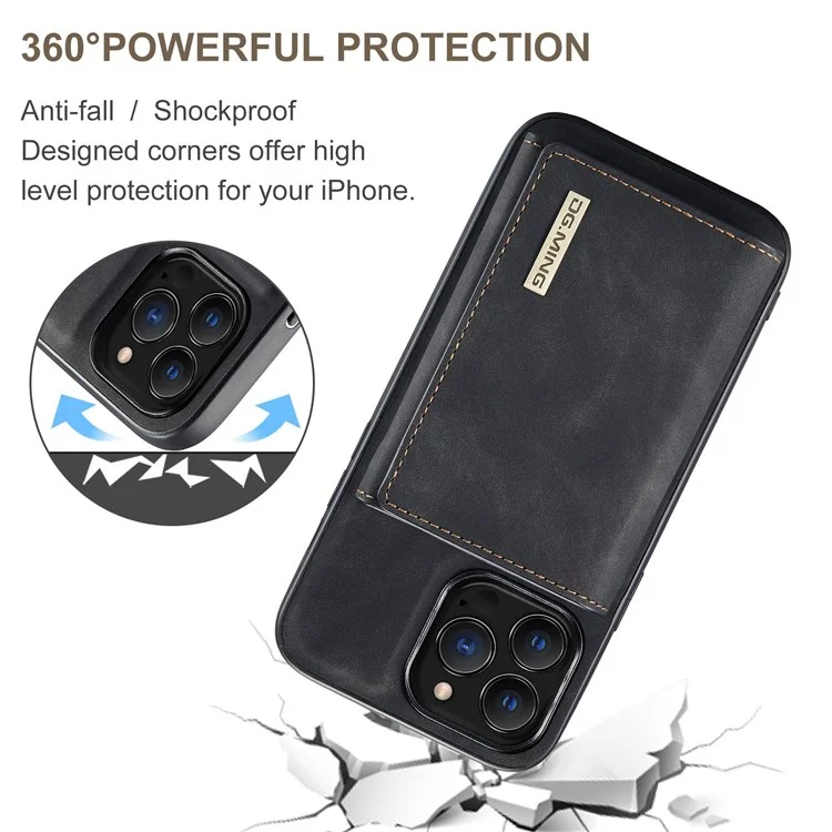 DG.MING Série M1 Pour iPhone 14 Pro Max 6,7 pouces Anti-choc Magnétique Amovible 2-en-1 Portefeuille PC+TPU+PU Cuir Résistant à l'Usure Étui de Téléphone - Noir 