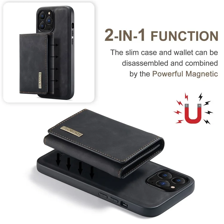 DG.MING Série M1 Pour iPhone 14 Pro Max 6,7 pouces Anti-choc Magnétique Amovible 2-en-1 Portefeuille PC+TPU+PU Cuir Résistant à l'Usure Étui de Téléphone - Noir 