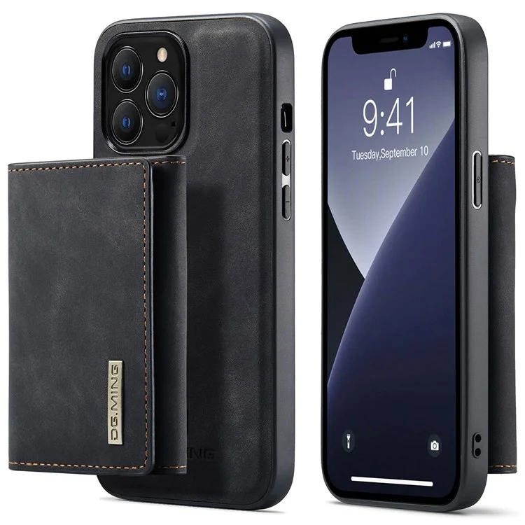 DG.MING M1 Series For iPhone 14 Pro 6.1 inch Anti-fall Anti-wear Detachable Magnetic 2-in-1 Wallet Phone Case PC+TPU+PU Leather Shell - Black