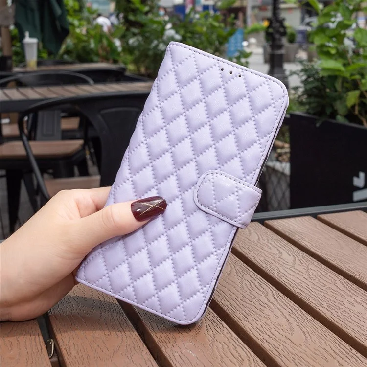 BINFEN COLOR Para Xiaomi Mi 11 Lite 4G / 5G / 11 Lite 5G NE Funda de Cartera BF Style-14 Patrón de Rombos Estampado Cuero PU Mate Flip Stand Cover - Púrpura