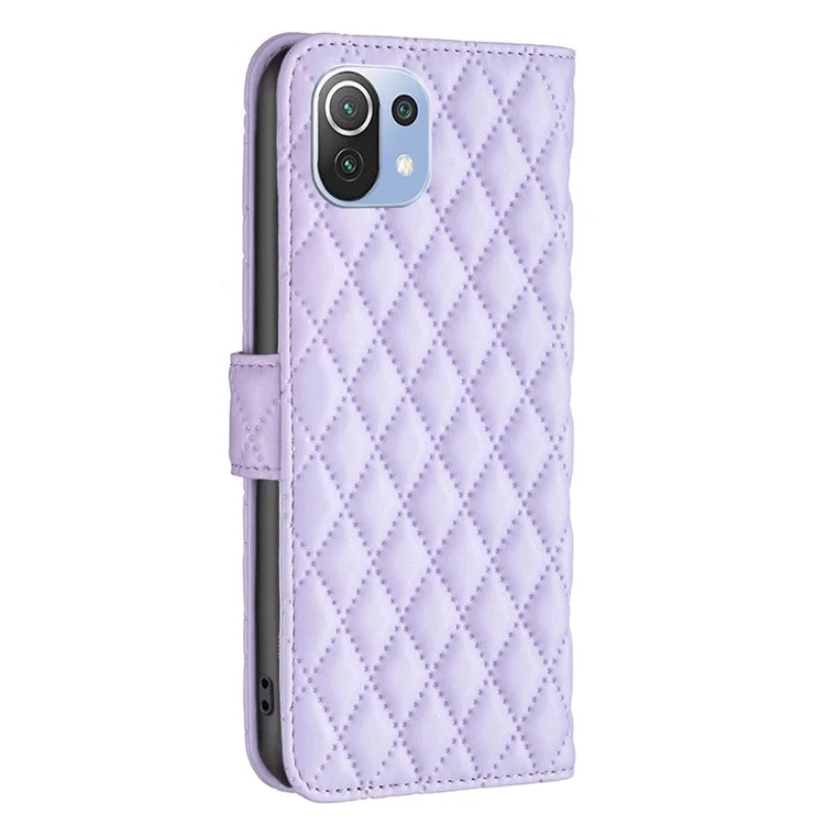 BINFEN COLOR Para Xiaomi Mi 11 Lite 4G / 5G / 11 Lite 5G NE Funda de Cartera BF Style-14 Patrón de Rombos Estampado Cuero PU Mate Flip Stand Cover - Púrpura