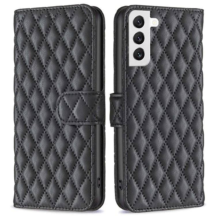 BINFEN COLOR Para Samsung Galaxy S22 5G BF Style-14 Caso com Padrão Rombóide Impresso Flip Stand Capa de Carteira de Couro PU Fosco - Preto